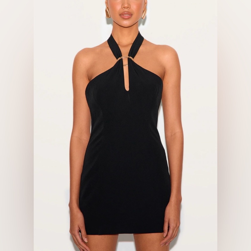 NWT PrettyLittleThing Black Halter Low Back Woven Trim Detail Mini Dress Size 8